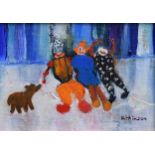 Sue Atkinson (1949-), "The Three Clowns", signed, titled on verso, oil on canvas, 11.5 x 16.5cm.;