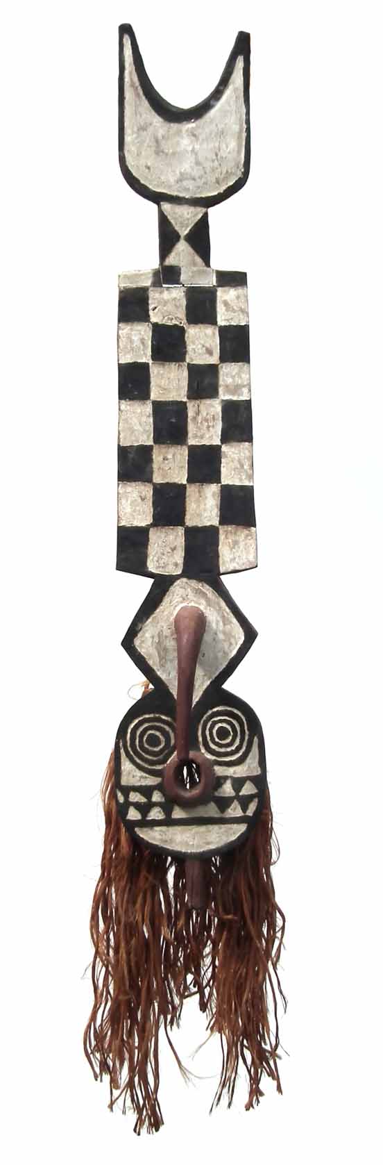 Bobo Bwa plank mask fron Hounde area of Burkina Faso, wood, pigment and fibres, 147cm high excluding