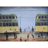 Michael Tobin (British, b.1961), "Trams on the Promenade", signed, oil on canvas, 29 x 39.5cm.; 11.5