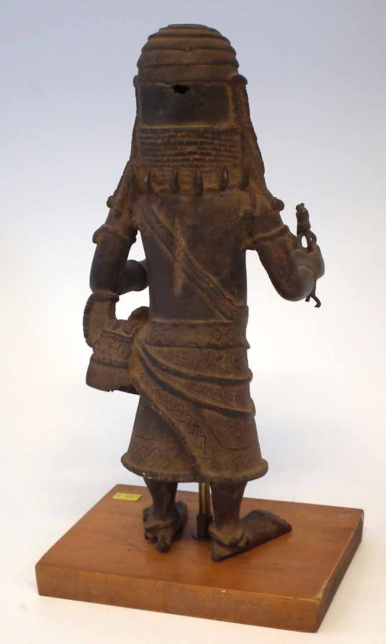 Benin bronze warrior, modelled standing holding the remnants of a spear with mask at his side, 34. - Image 5 of 11