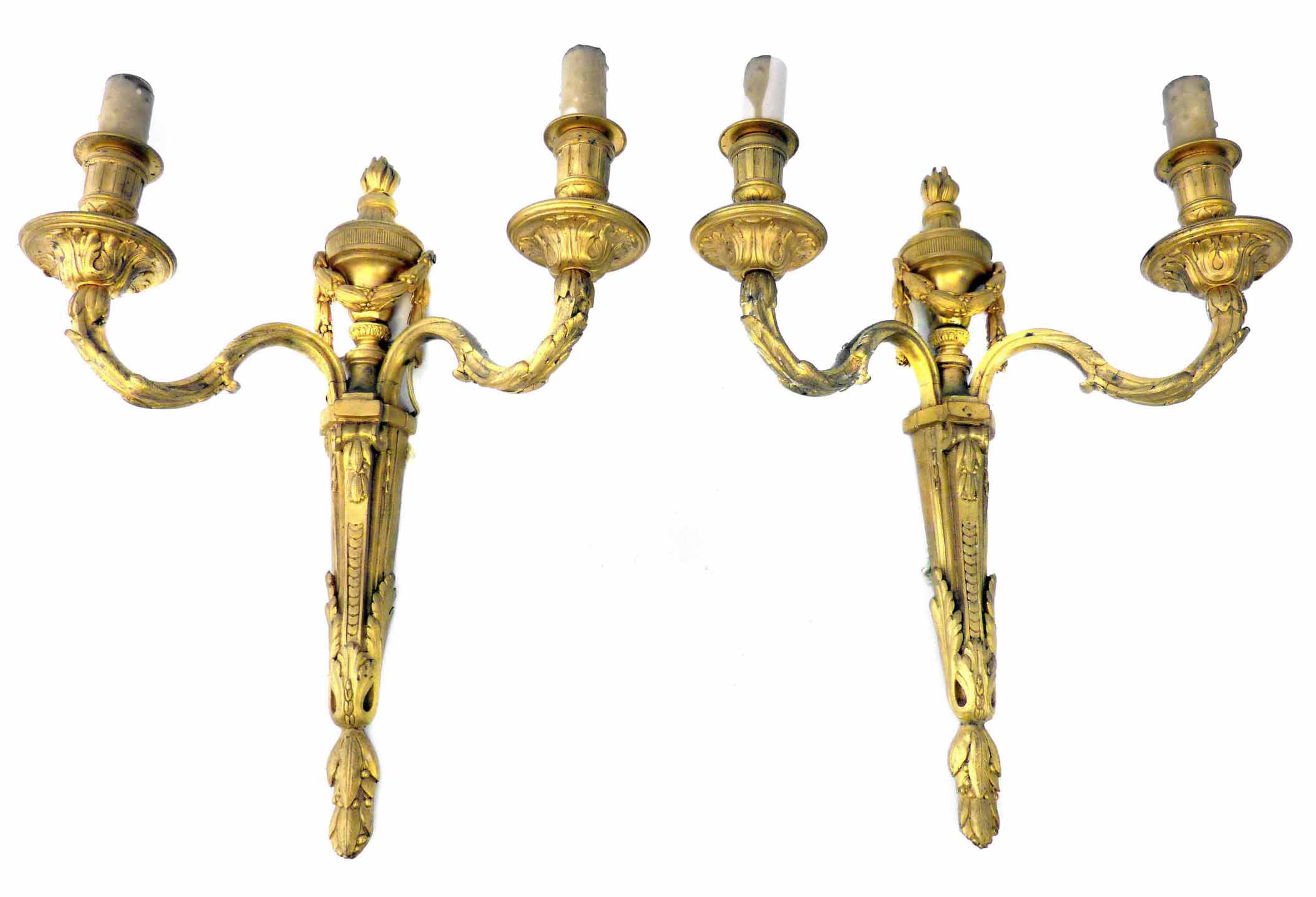 A pair of late 19th century gilt brass twin branch wall lights (2). Height 42cm. Condition report: