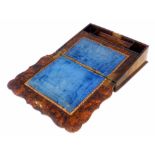 Victorian papier-mâché writing slope with painted walnut wood effect. Colbalt blue patterned