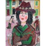 Fred Yates (1922-2008), Portrait of a lady in the street with figures passing by, signed, oil on