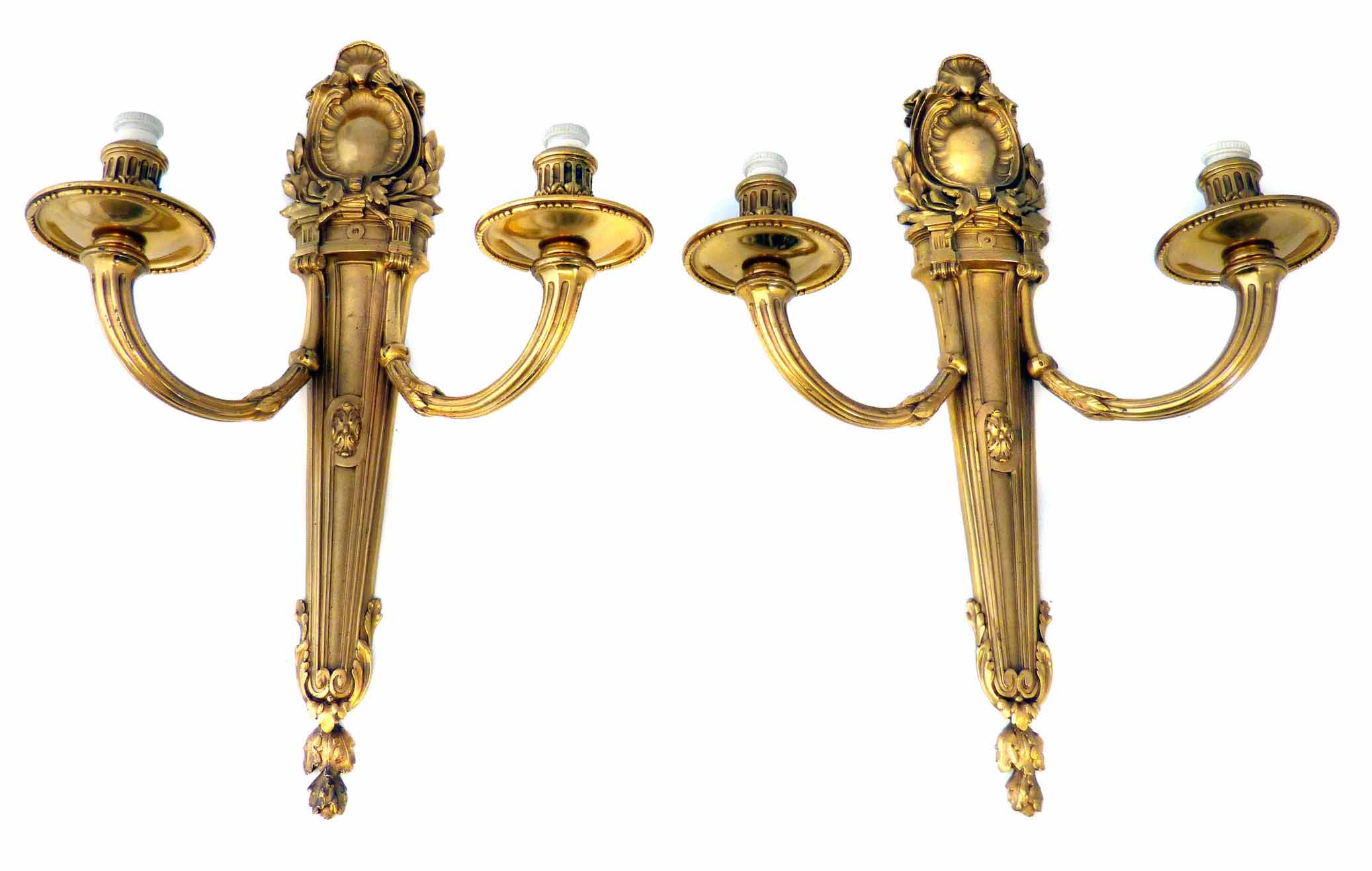 A pair of late 19th century gilt brass twin branch wall lights (2). Height 44cm Condition report: