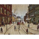 Arthur Delaney (1927-1987), Street scene with figures and trams, signed, oil on board, 23.5 x 29.