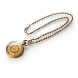 An 18ct gold small pocket/fob watch and chain, the Swiss floral decorated watch with crown winding
