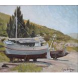 Roger Hampson (1925-1996), "Boats at Kalami, Corfu", signed, titled on verso, oil on board, 23.5 x