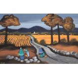 John P. Rooney (Irish, b.1947), Shawled figures on a country lane, both signed, a pair, acrylic,