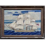 Early 19th century needlework picture of a three-masted barque sailing ship, flying the white