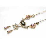 Victorian green tourmaline, pink topaz, pearl and diamond set enamelled pendant necklace in the