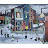 Alan Tortice (1948-), Northern street scene with figures, signed and dated 1987, oil on board, 49