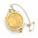 A Victorian full sovereign gold coin set brooch, the sovereign dated 1899, the 9ct gold brooch mount