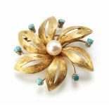 A cultured pearl and turquoise set flower head 18ct gold brooch, circa 1950's design, textured