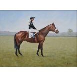 Richard Rhead Simm (1926-), Portrait of "Mill Reef" with G. Lewis up, signed, titled on verso, oil