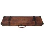 Leather gun case, with maroon fitted interior to take 30" barrels, together with cleaning rod, and