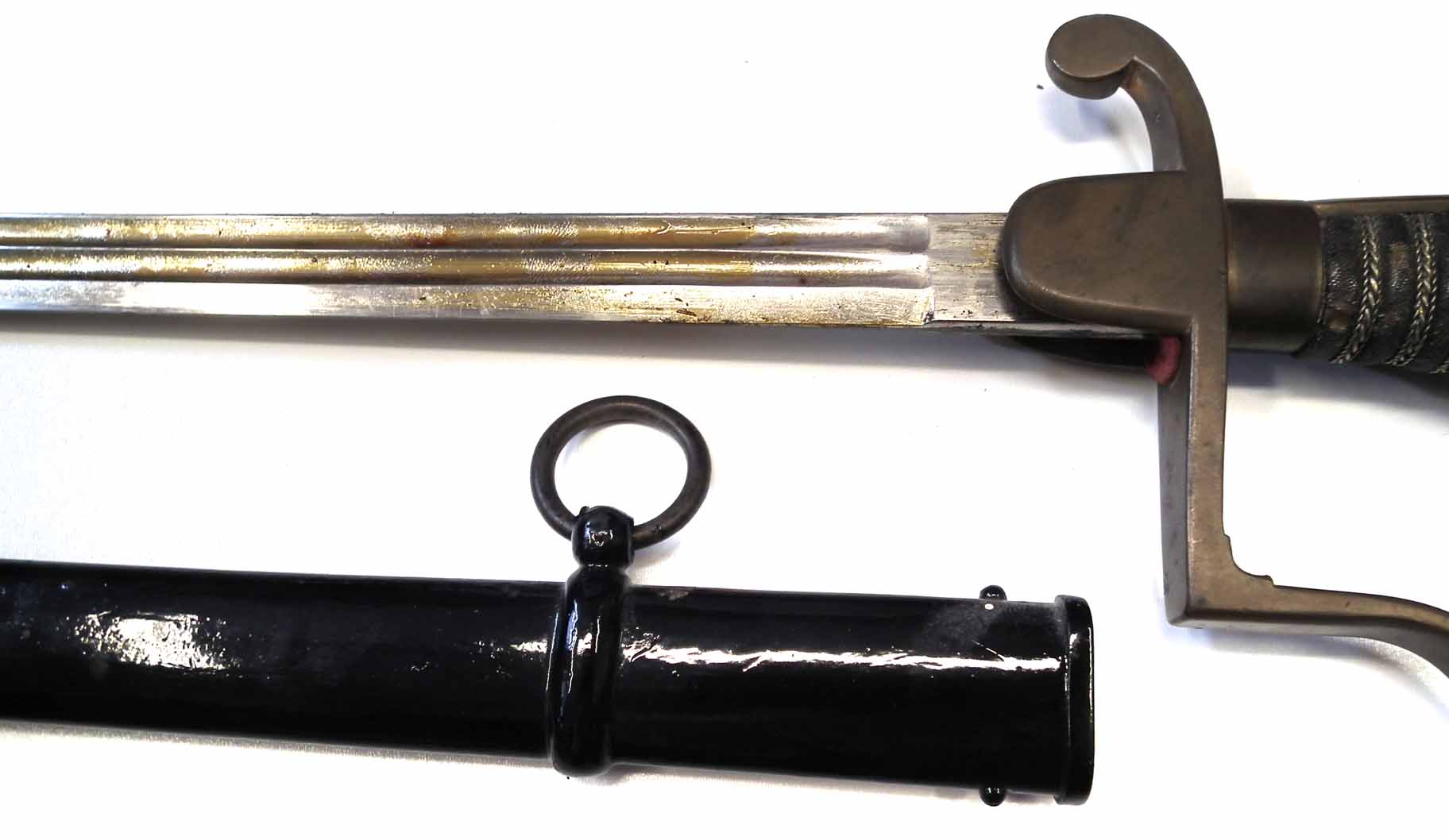 Imperial German dress sword, with polished blade, plain brass guard, wire bound fish skin grip and - Image 4 of 8