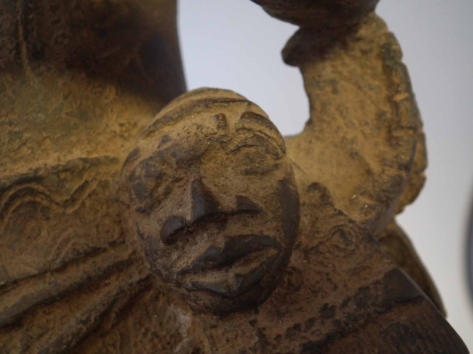 Benin bronze warrior, modelled standing holding the remnants of a spear with mask at his side, 34. - Image 11 of 11