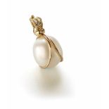 A large cultured pearl 'in a cage' yellow gold pendant with diamond set opening bale, the pearl