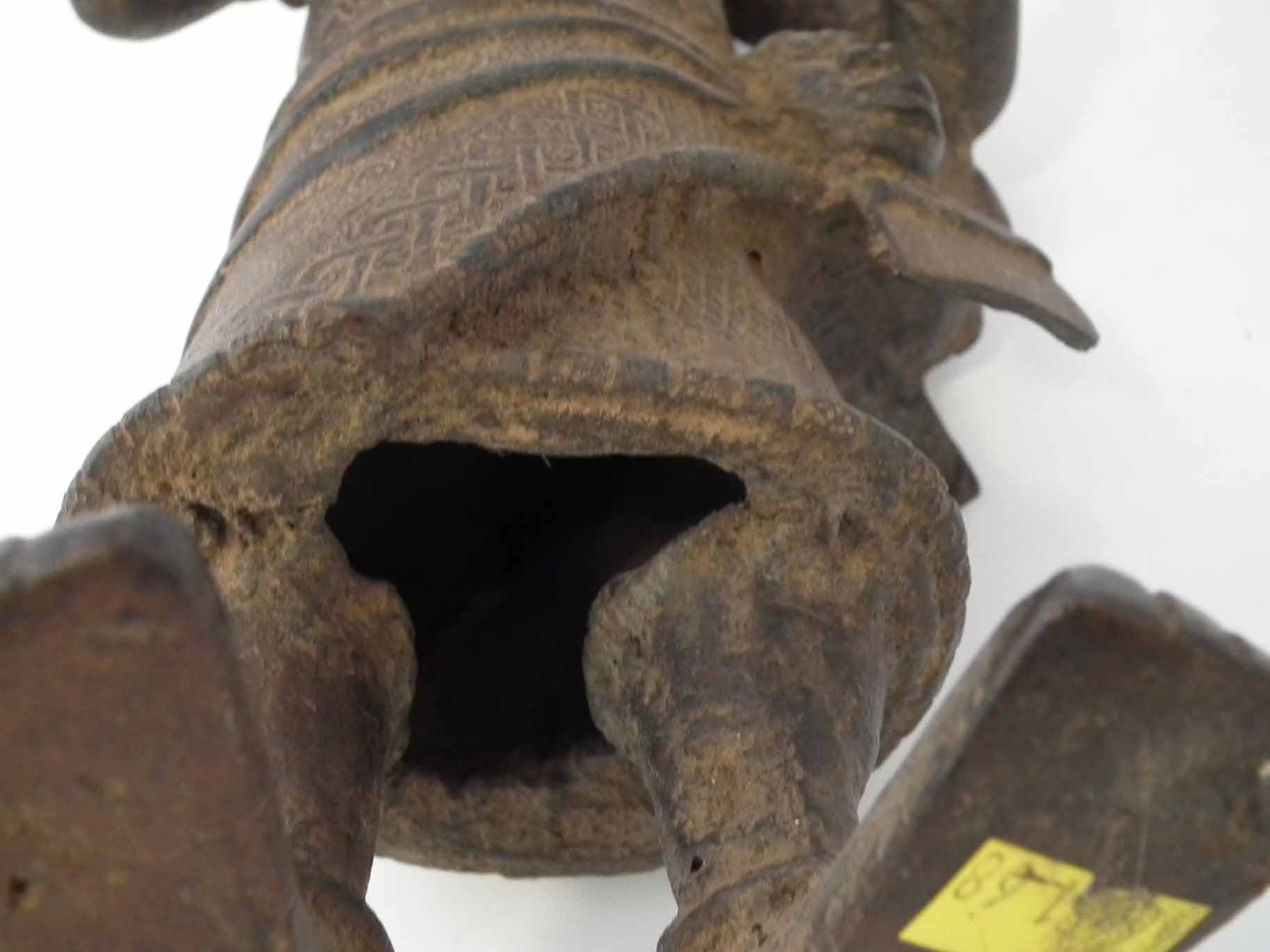 Benin bronze warrior, modelled standing holding the remnants of a spear with mask at his side, 34. - Image 9 of 11