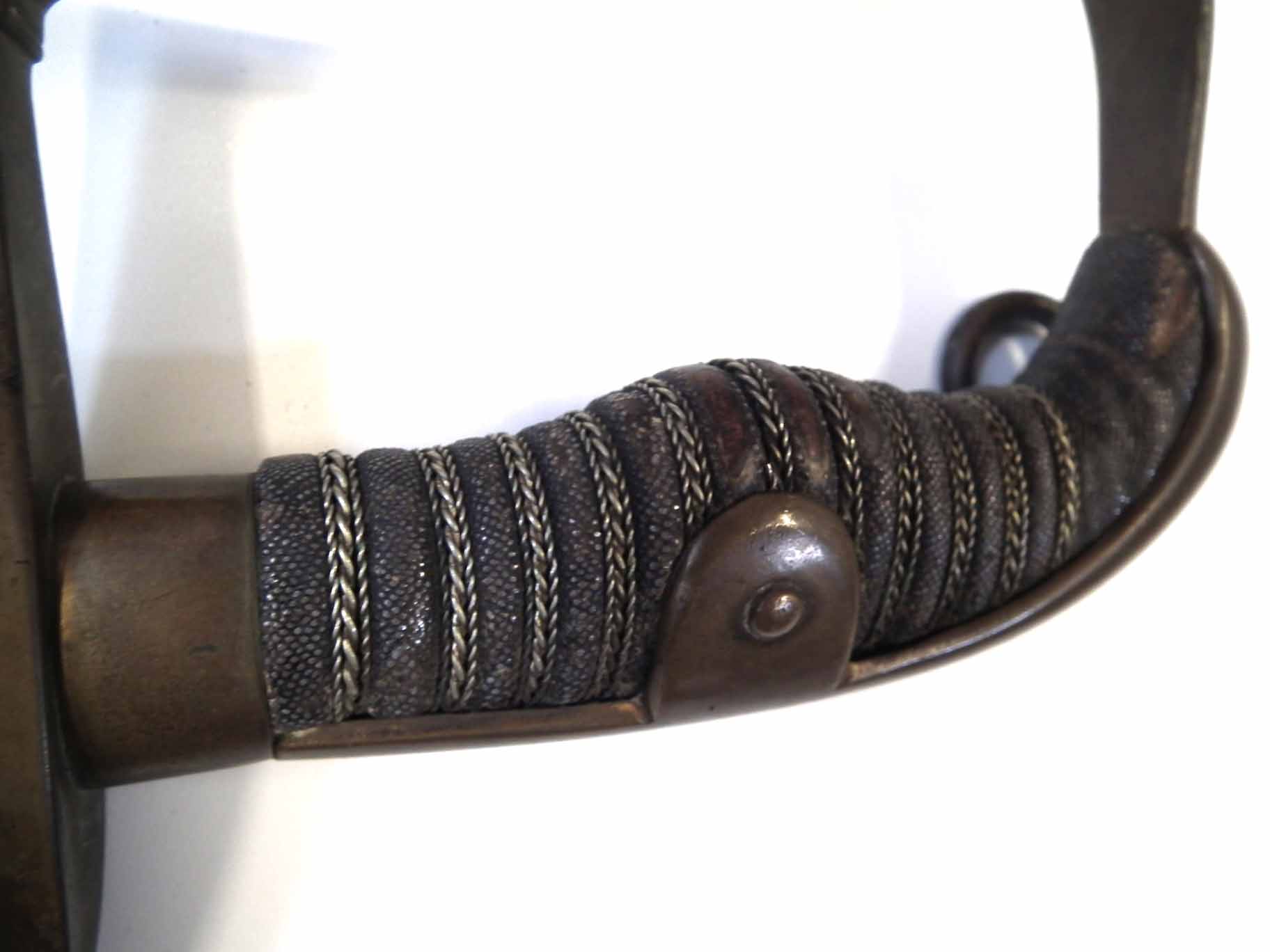 Imperial German dress sword, with polished blade, plain brass guard, wire bound fish skin grip and - Image 8 of 8