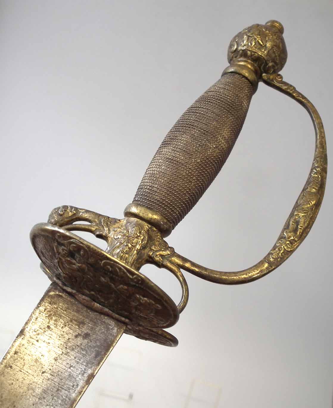 Court sword, with triangular form rapier blade and brass guard embossed with figures, with - Image 8 of 15