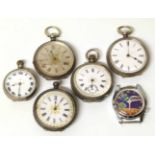 Five silver pocket watches, also autometer space ship, wrist watch novelty. No condition reports for