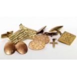 Two pairs of 9ct gold cufflinks and two single 9ct gold cufflinks, small gold cross. No condition