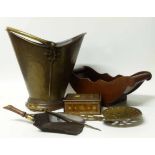 Brass coal bucket, chestnut roaster, mahogany cheese coaster and brass inlaid box No condition