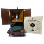 Apollo portable gramophone patent number 1128 with original tin of spare needles circa 1920 and a