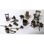 A collection of sterling silver minature items to include chairs, buckets,scissors etc. No condition