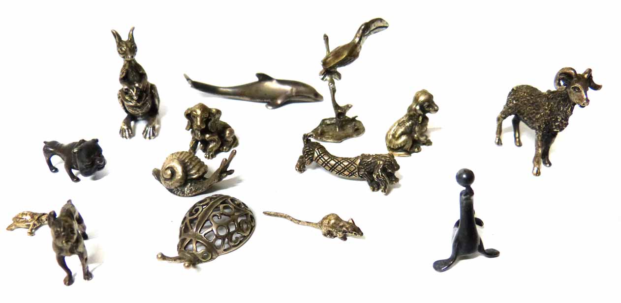 A collection of sterling silver minature models of animals, assorted sizes/designs. No condition