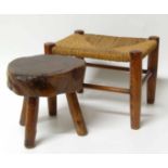 19th century primitive yew wood stool and an elm framed stool with sea grass seat. No condition