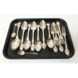 Continental white metal set of six spoons and five forks together with three other silver spoons