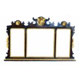 18th century design over mantel mirror, walnut frame, pediment decorated with gilded Ho Ho bird,