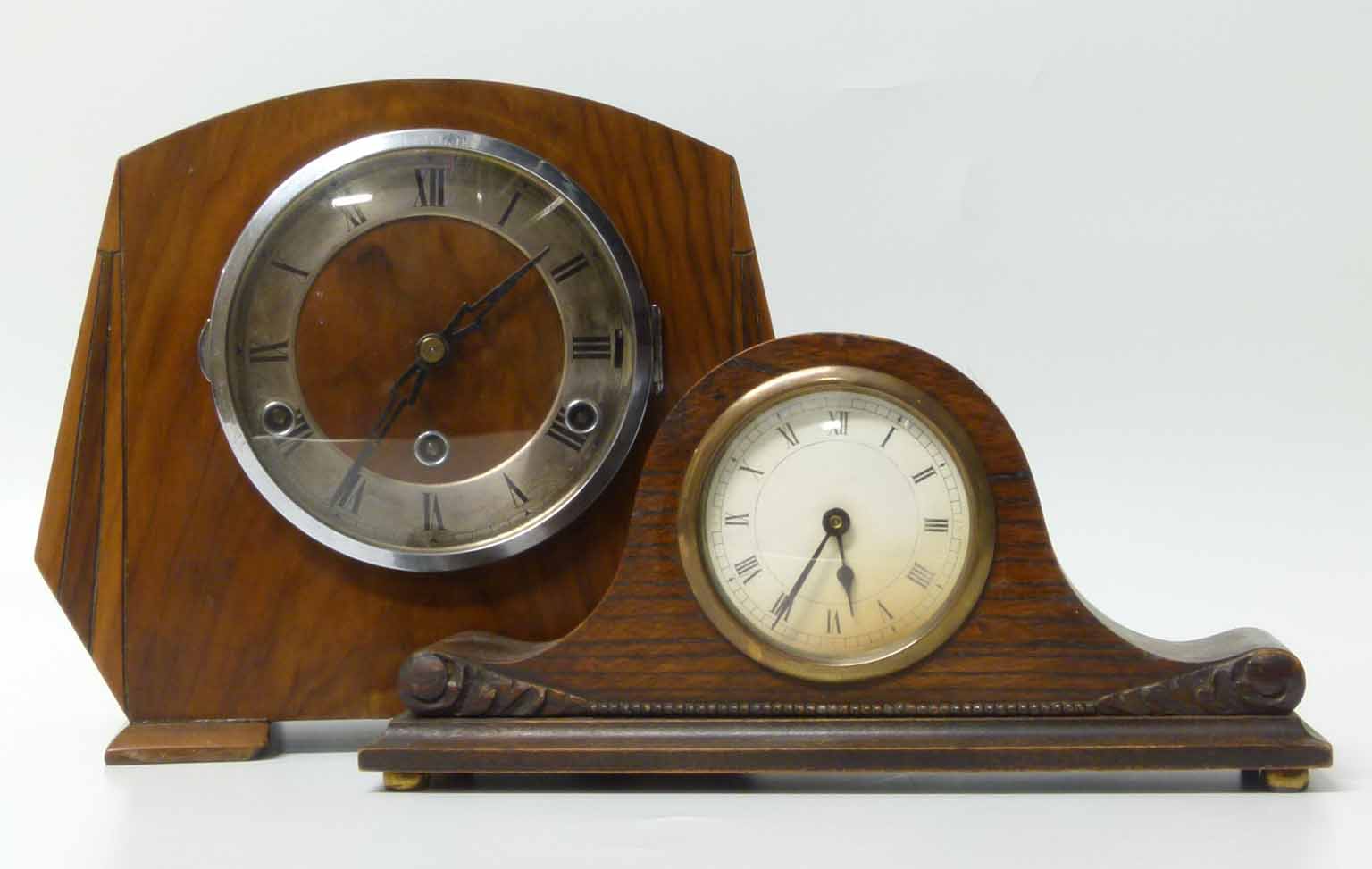 A 1930's Art Deco mantel clock, chiming on a bell and four part carillion, plus one other. No