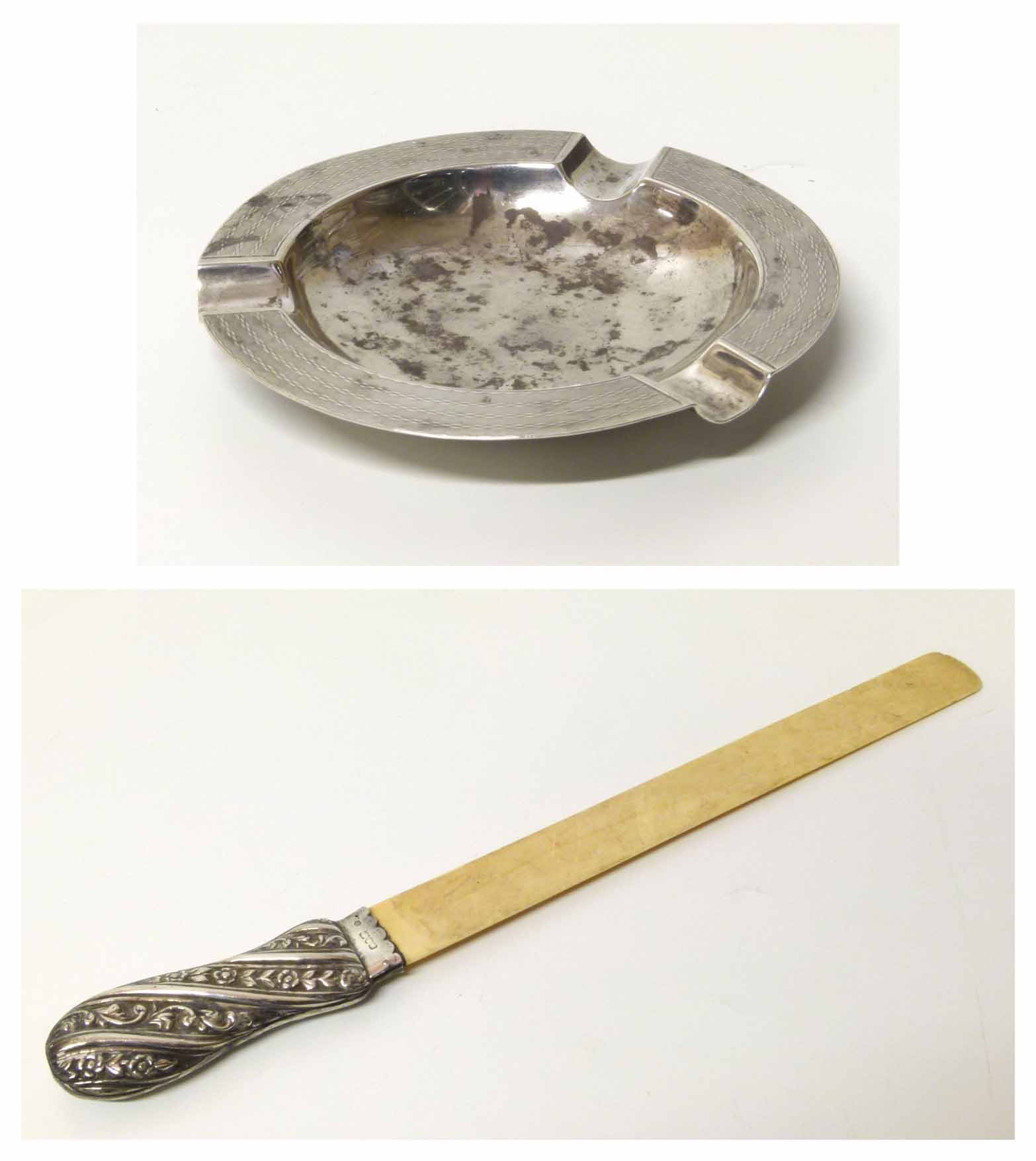 Silver handled page-turner with an ivory blade (silver marks rubbed) Together with a silver ash tray