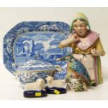 Staffordshire pottery figure lady snuff taker, two Staffordshire inkwells etc. No condition