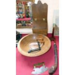 19th century sycamore bowl, Victorian vegetable chopper, club, two table winders and oak salt box.