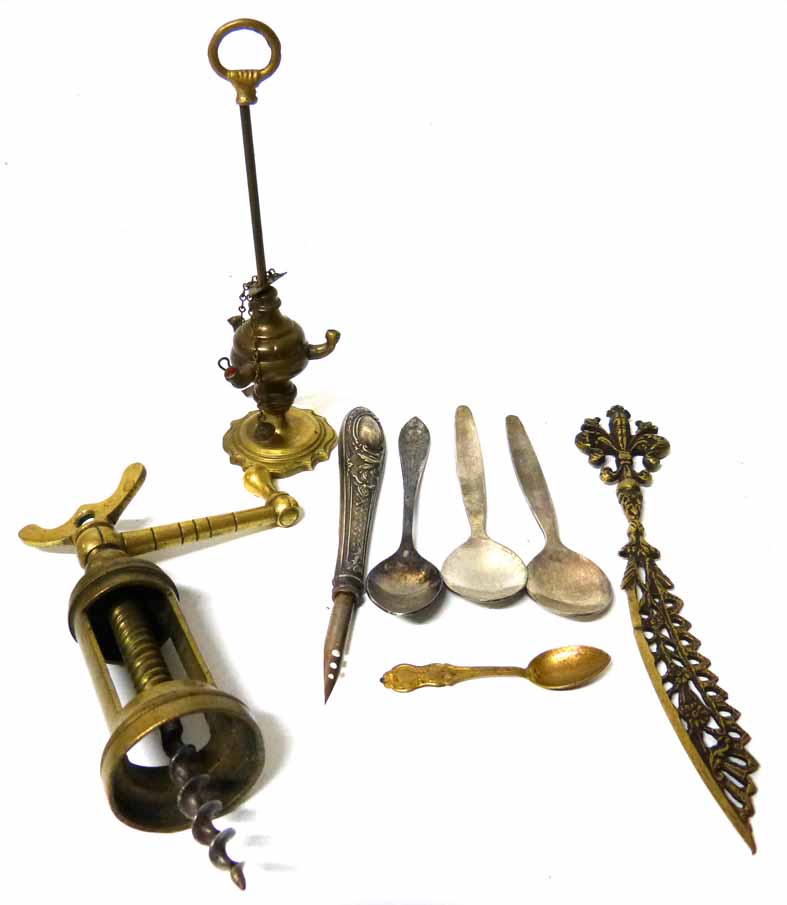 Brass corkscrew, letter opener, 3 white metal teaspoons, a silver handled nibbed pen etc. No