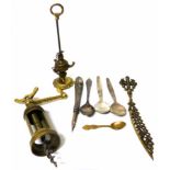 Brass corkscrew, letter opener, 3 white metal teaspoons, a silver handled nibbed pen etc. No