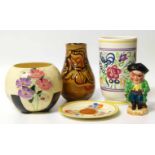 Poole vase, A Poole Aegean vase, Clarice Cliff crocus plate, Myott vase and a Burleigh character jug