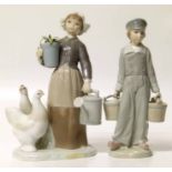 Lladro figure of a boy with milk pails also a girl with cockerels and watering can No condition