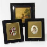 Pair of 19th century oval porcelain panels depicting young women in period costume and framed tile