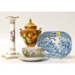 Coalport lidded vase signed Baggott, also a Ming rose candle stick, a Japanese cup and saucer, a