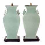Pair of Chinese celadon table lamps of square section, the bases drilled with holes, overall