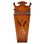 19th century mahogany candle box, front panel inlaid with knife and fork, framed in herringbone,