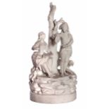 Paris (La Courtille) biscuit porcelain group, modelled as a young hunter standing before a tree