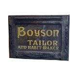 Boyson Tailor and Habit-Maker oak retailers shop sign, width 122cm (48), height 88cm (35). For