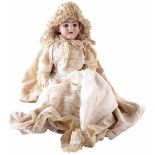 Heinrich handwerck doll, with open mouth and sleep eyes, dressed in original lace costume, moulded