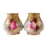 Pair of Royal Worcester vases, painted with roses, green printed marks and date code for 1911, to